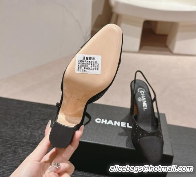 Good Quality Chanel Strass & Grosgrain Slingback Pumps 9cm G31318 Black 816033