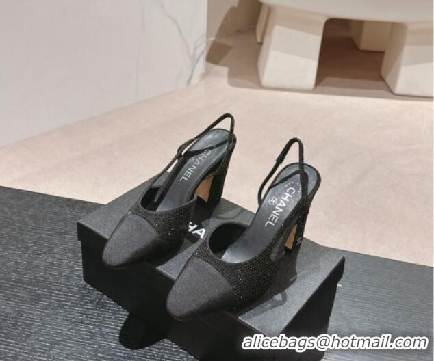 Good Quality Chanel Strass & Grosgrain Slingback Pumps 9cm G31318 Black 816033