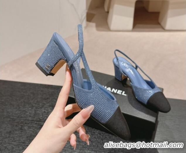 Generous Chanel Strass & Grosgrain Slingback Pumps 6.5cm G31318 Blue 816037