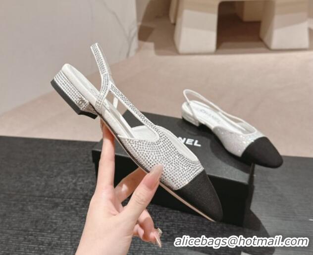 Big Discount Chanel Strass & Grosgrain Slingback Flat G31318 White 816040