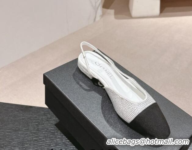 Big Discount Chanel Strass & Grosgrain Slingback Flat G31318 White 816040