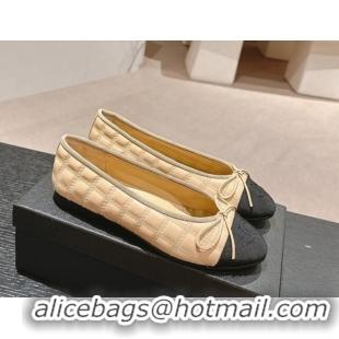 Good Quality Chanel Quilted Lambskin & Grosgrain Ballet Flats Beige 816054