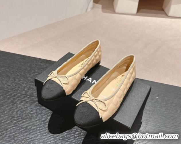 Good Quality Chanel Quilted Lambskin & Grosgrain Ballet Flats Beige 816054