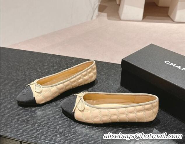 Good Quality Chanel Quilted Lambskin & Grosgrain Ballet Flats Beige 816054