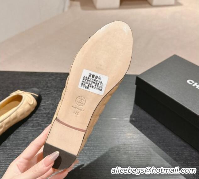 Good Quality Chanel Quilted Lambskin & Grosgrain Ballet Flats Beige 816054