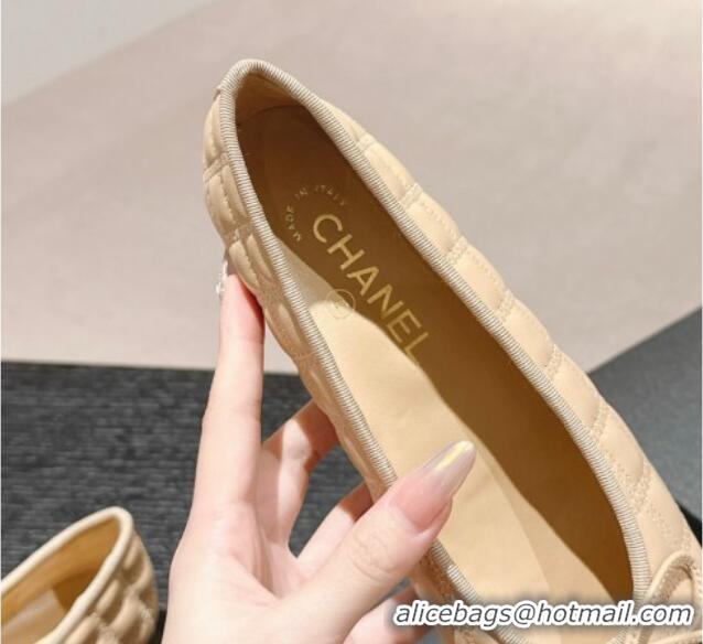 Good Quality Chanel Quilted Lambskin & Grosgrain Ballet Flats Beige 816054