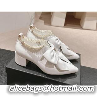 Grade Quality Chanel Calfskin Heel Ankle Boots 5.5cm with Maxi Bow and Pearls White 816055