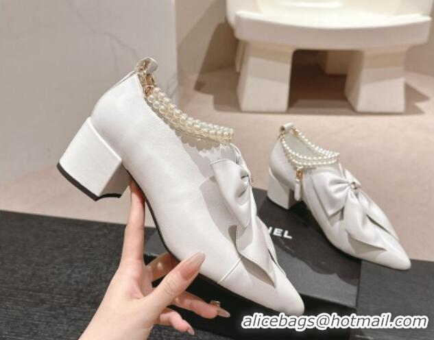 Grade Quality Chanel Calfskin Heel Ankle Boots 5.5cm with Maxi Bow and Pearls White 816055