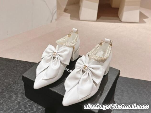 Grade Quality Chanel Calfskin Heel Ankle Boots 5.5cm with Maxi Bow and Pearls White 816055