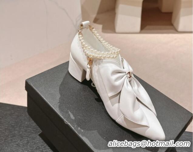 Grade Quality Chanel Calfskin Heel Ankle Boots 5.5cm with Maxi Bow and Pearls White 816055