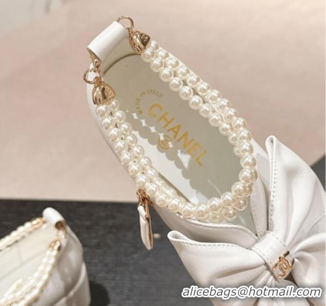 Grade Quality Chanel Calfskin Heel Ankle Boots 5.5cm with Maxi Bow and Pearls White 816055