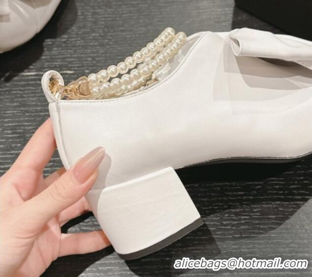 Grade Quality Chanel Calfskin Heel Ankle Boots 5.5cm with Maxi Bow and Pearls White 816055