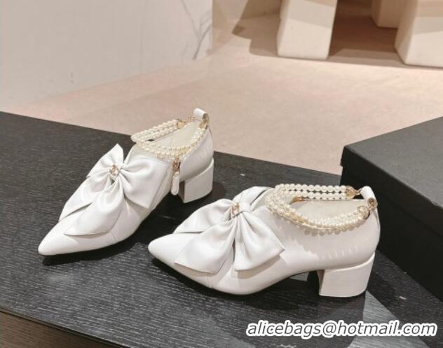 Grade Quality Chanel Calfskin Heel Ankle Boots 5.5cm with Maxi Bow and Pearls White 816055