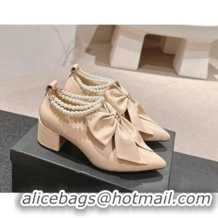 Best Grade Chanel Calfskin Heel Ankle Boots 5.5cm with Maxi Bow and Pearls Beige 816056