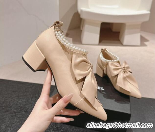 Best Grade Chanel Calfskin Heel Ankle Boots 5.5cm with Maxi Bow and Pearls Beige 816056