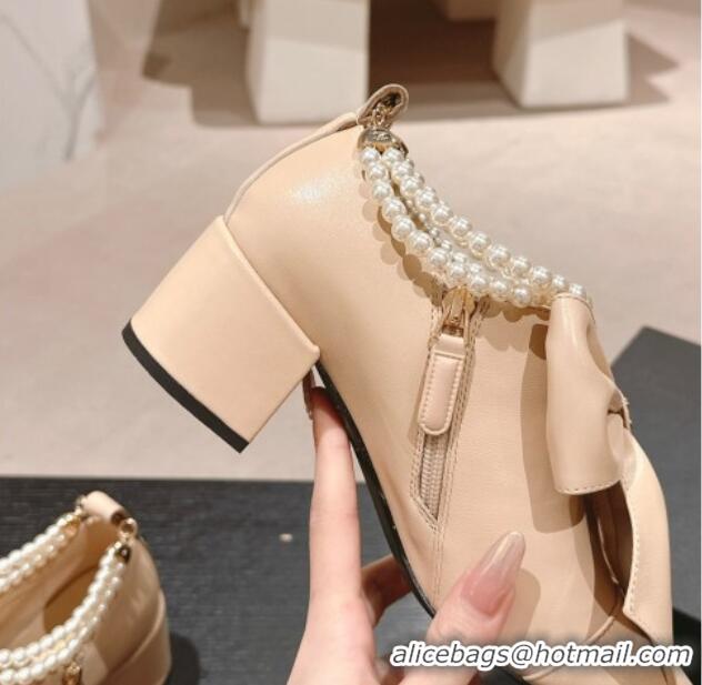 Best Grade Chanel Calfskin Heel Ankle Boots 5.5cm with Maxi Bow and Pearls Beige 816056