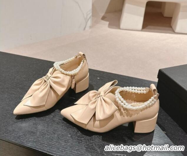 Best Grade Chanel Calfskin Heel Ankle Boots 5.5cm with Maxi Bow and Pearls Beige 816056