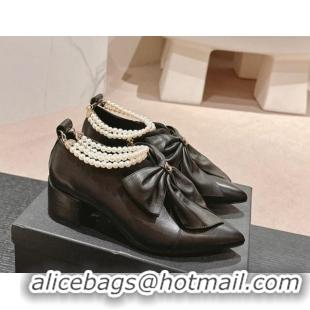 Popular Style Chanel Calfskin Heel Ankle Boots 5.5cm with Maxi Bow and Pearls Black 816057