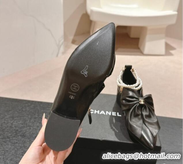 Popular Style Chanel Calfskin Heel Ankle Boots 5.5cm with Maxi Bow and Pearls Black 816057