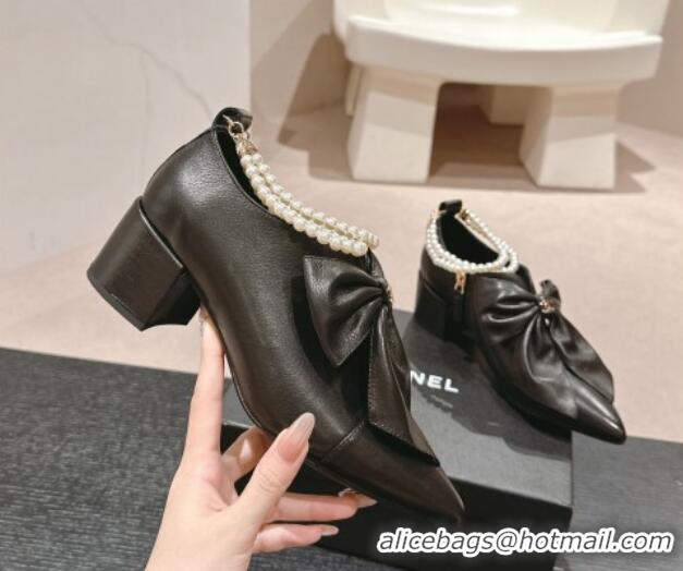 Popular Style Chanel Calfskin Heel Ankle Boots 5.5cm with Maxi Bow and Pearls Black 816057