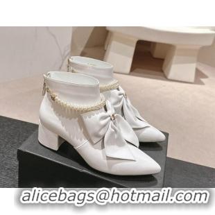 Good Product Chanel Calfskin Heel Ankle Boots 5.5cm with Maxi Bow and Pearls White 816058