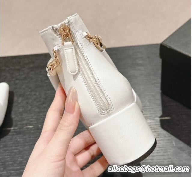 Good Product Chanel Calfskin Heel Ankle Boots 5.5cm with Maxi Bow and Pearls White 816058