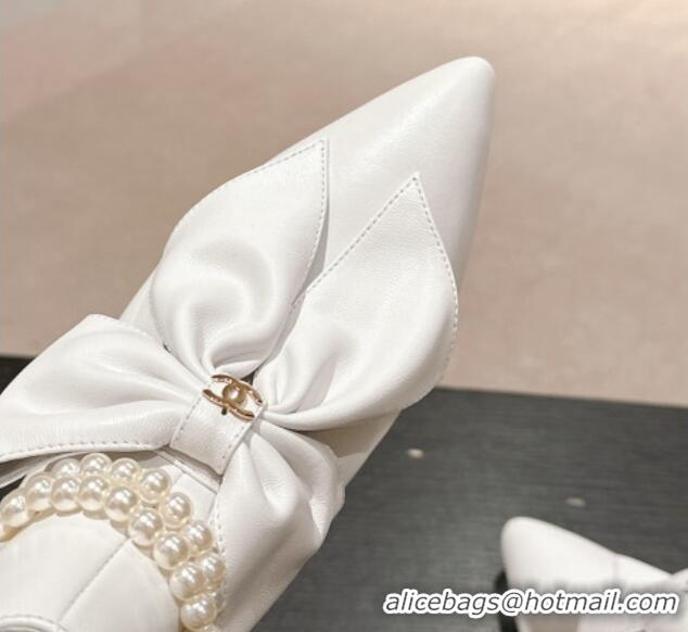 Good Product Chanel Calfskin Heel Ankle Boots 5.5cm with Maxi Bow and Pearls White 816058