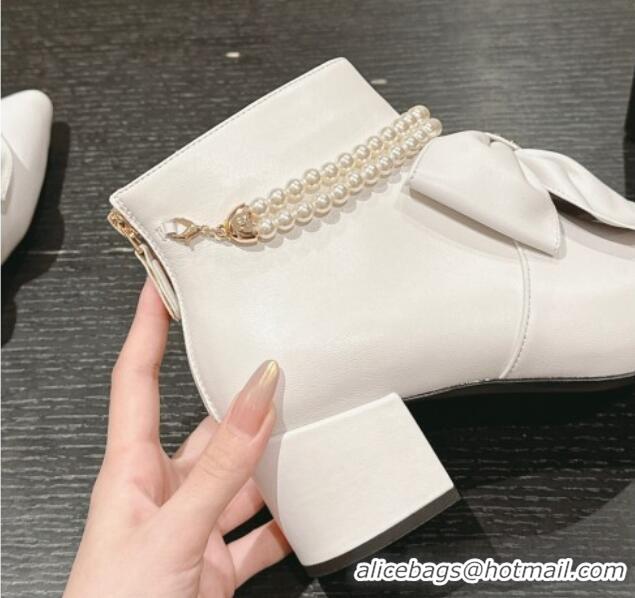 Good Product Chanel Calfskin Heel Ankle Boots 5.5cm with Maxi Bow and Pearls White 816058