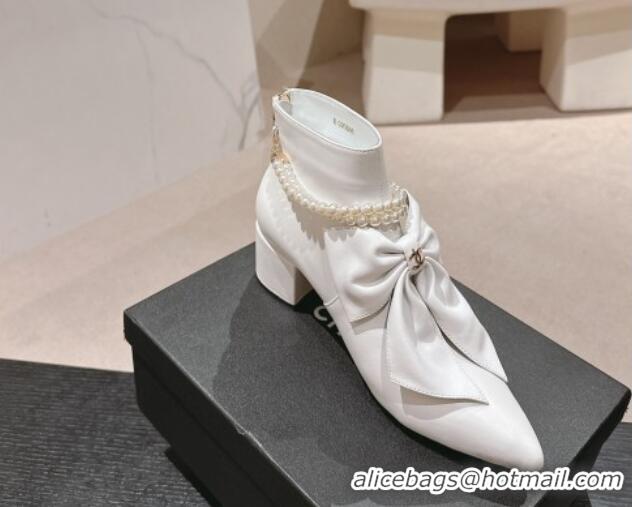 Good Product Chanel Calfskin Heel Ankle Boots 5.5cm with Maxi Bow and Pearls White 816058