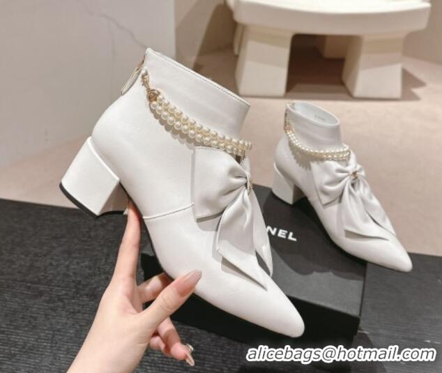 Good Product Chanel Calfskin Heel Ankle Boots 5.5cm with Maxi Bow and Pearls White 816058