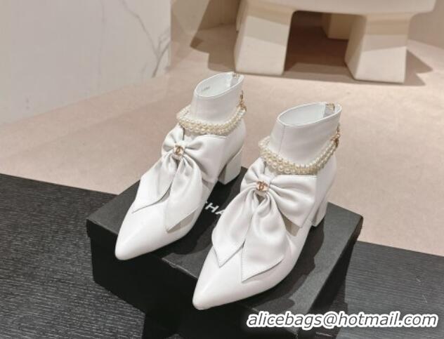 Good Product Chanel Calfskin Heel Ankle Boots 5.5cm with Maxi Bow and Pearls White 816058