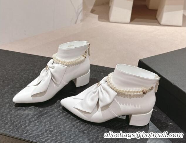 Good Product Chanel Calfskin Heel Ankle Boots 5.5cm with Maxi Bow and Pearls White 816058