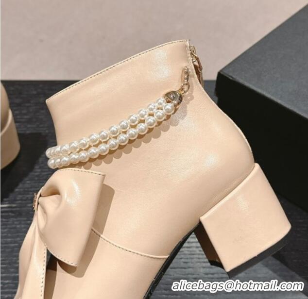 Stylish Chanel Calfskin Heel Ankle Boots 5.5cm with Maxi Bow and Pearls Beige 816059