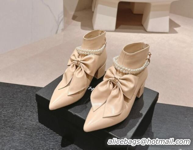 Stylish Chanel Calfskin Heel Ankle Boots 5.5cm with Maxi Bow and Pearls Beige 816059