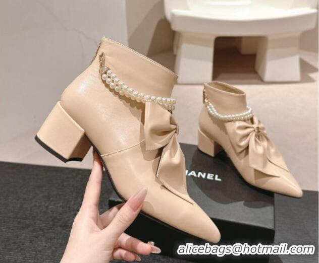 Stylish Chanel Calfskin Heel Ankle Boots 5.5cm with Maxi Bow and Pearls Beige 816059