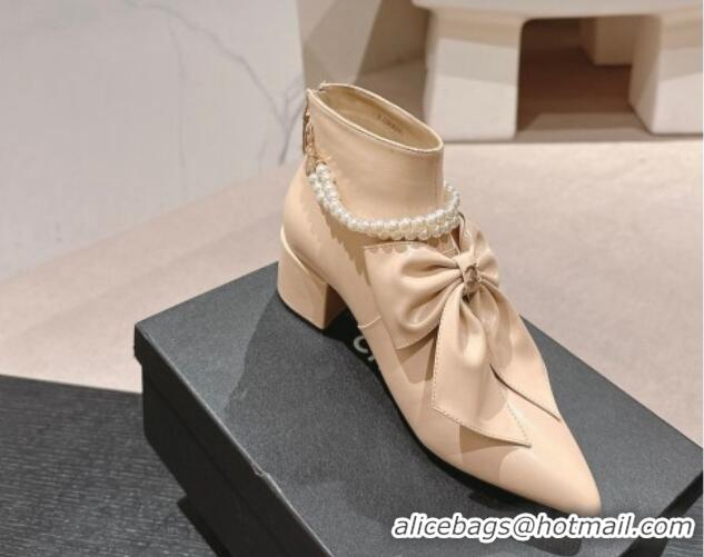 Stylish Chanel Calfskin Heel Ankle Boots 5.5cm with Maxi Bow and Pearls Beige 816059