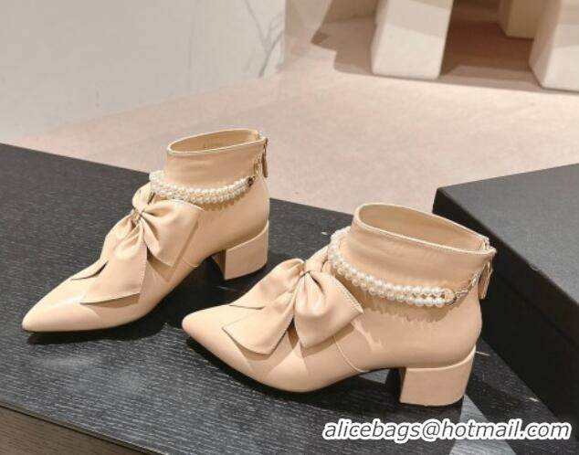 Stylish Chanel Calfskin Heel Ankle Boots 5.5cm with Maxi Bow and Pearls Beige 816059