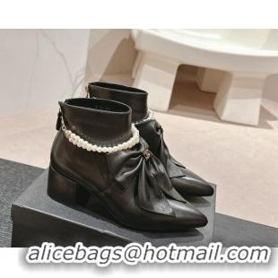 Sophisticated Chanel Calfskin Heel Ankle Boots 5.5cm with Maxi Bow and Pearls Black 816060