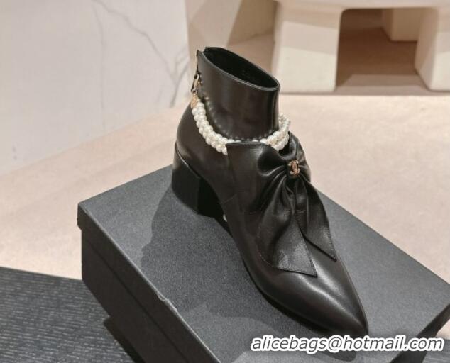 Sophisticated Chanel Calfskin Heel Ankle Boots 5.5cm with Maxi Bow and Pearls Black 816060