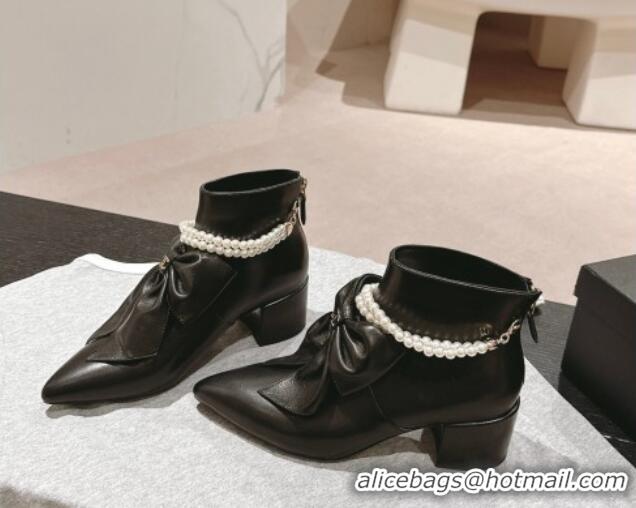 Sophisticated Chanel Calfskin Heel Ankle Boots 5.5cm with Maxi Bow and Pearls Black 816060