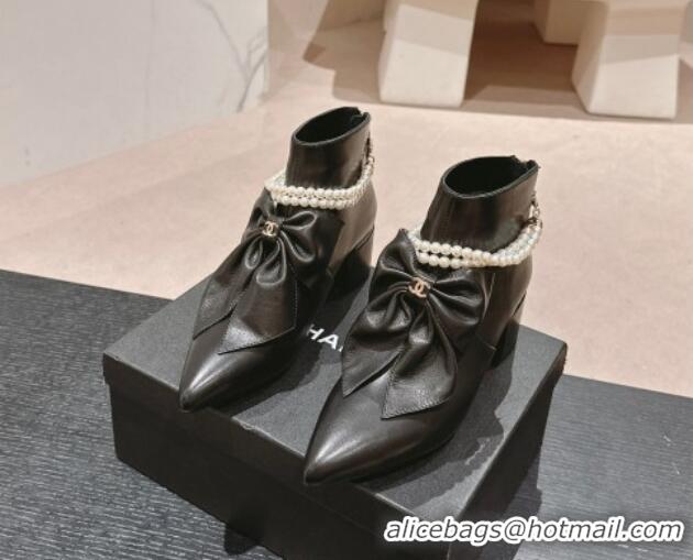 Sophisticated Chanel Calfskin Heel Ankle Boots 5.5cm with Maxi Bow and Pearls Black 816060