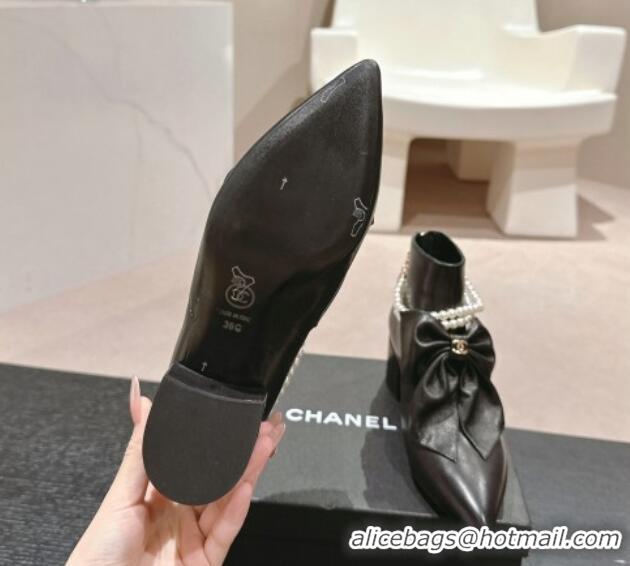 Sophisticated Chanel Calfskin Heel Ankle Boots 5.5cm with Maxi Bow and Pearls Black 816060