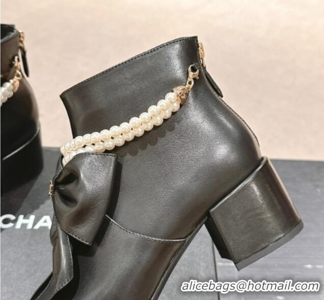 Sophisticated Chanel Calfskin Heel Ankle Boots 5.5cm with Maxi Bow and Pearls Black 816060