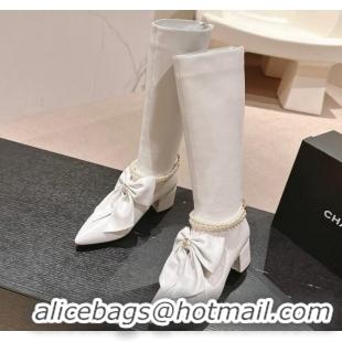 Hot Style Chanel Calfskin Heel High Boots 5.5cm with Maxi Bow and Pearls White 816061