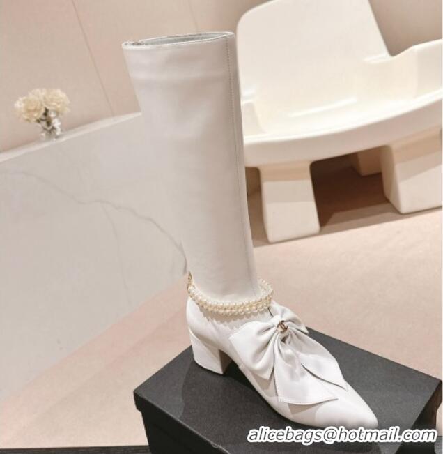 Hot Style Chanel Calfskin Heel High Boots 5.5cm with Maxi Bow and Pearls White 816061