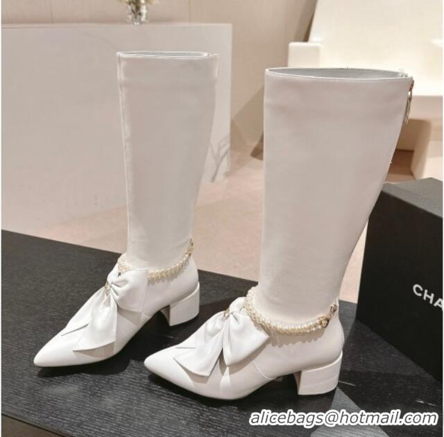 Hot Style Chanel Calfskin Heel High Boots 5.5cm with Maxi Bow and Pearls White 816061