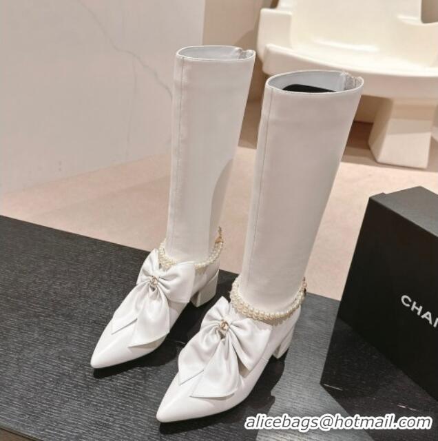 Hot Style Chanel Calfskin Heel High Boots 5.5cm with Maxi Bow and Pearls White 816061