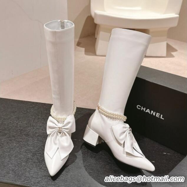 Hot Style Chanel Calfskin Heel High Boots 5.5cm with Maxi Bow and Pearls White 816061