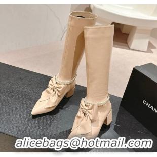 Sumptuous Chanel Calfskin Heel High Boots 5.5cm with Maxi Bow and Pearls Beige 816062