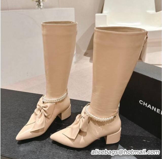 Sumptuous Chanel Calfskin Heel High Boots 5.5cm with Maxi Bow and Pearls Beige 816062